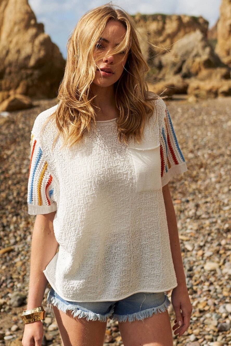Mello Los Angeles Ivory Open Knit Striped Sleeve Top Medium